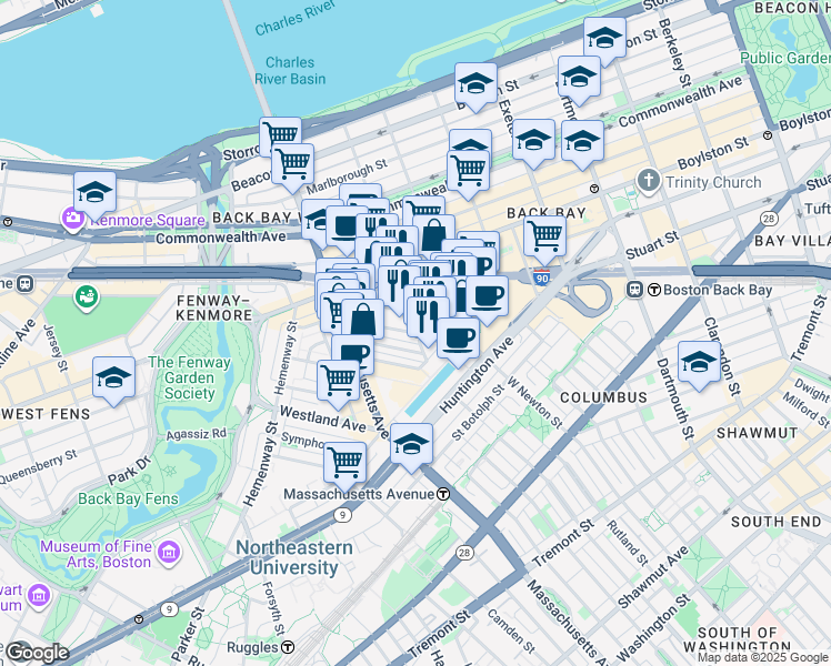 map of restaurants, bars, coffee shops, grocery stores, and more near 40 Dalton Street in Boston