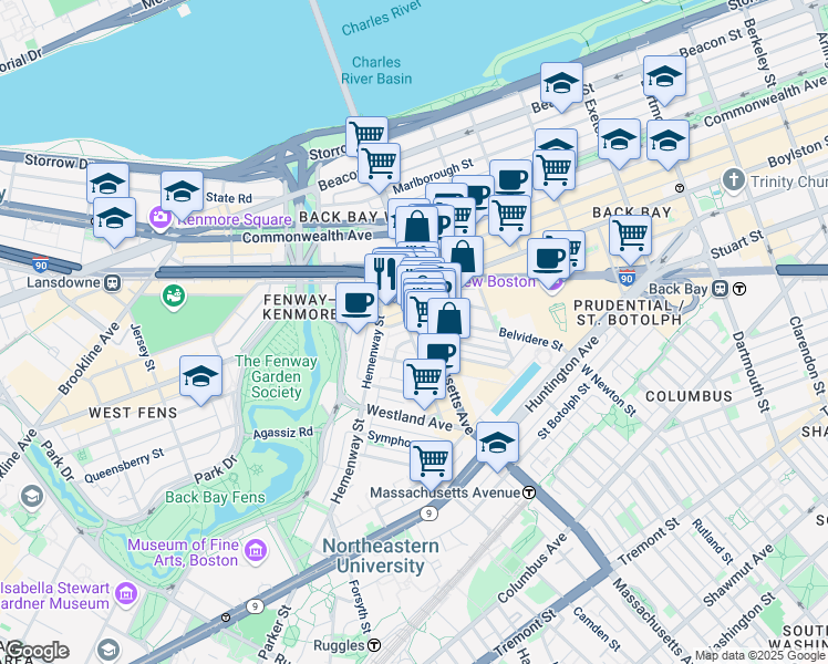 map of restaurants, bars, coffee shops, grocery stores, and more near 4 Haviland Street in Boston