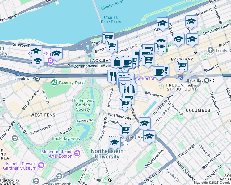 map of restaurants, bars, coffee shops, grocery stores, and more near 4 Haviland Street in Boston