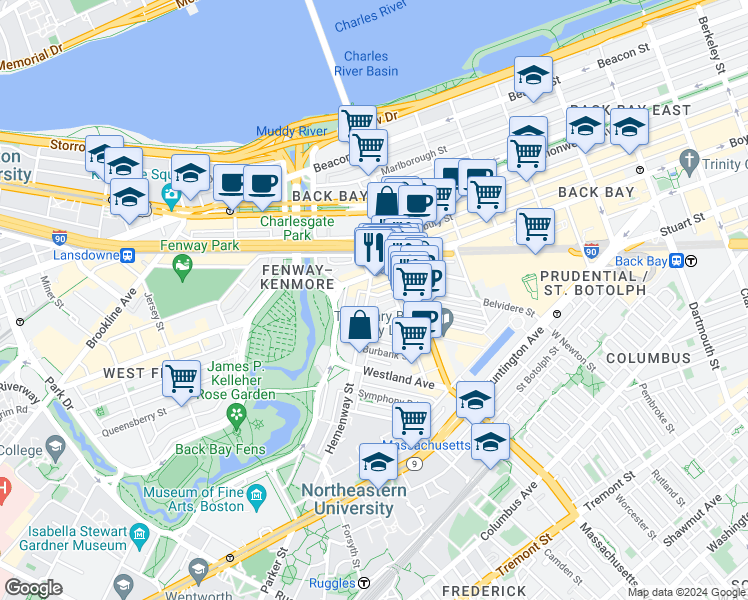 map of restaurants, bars, coffee shops, grocery stores, and more near in Boston