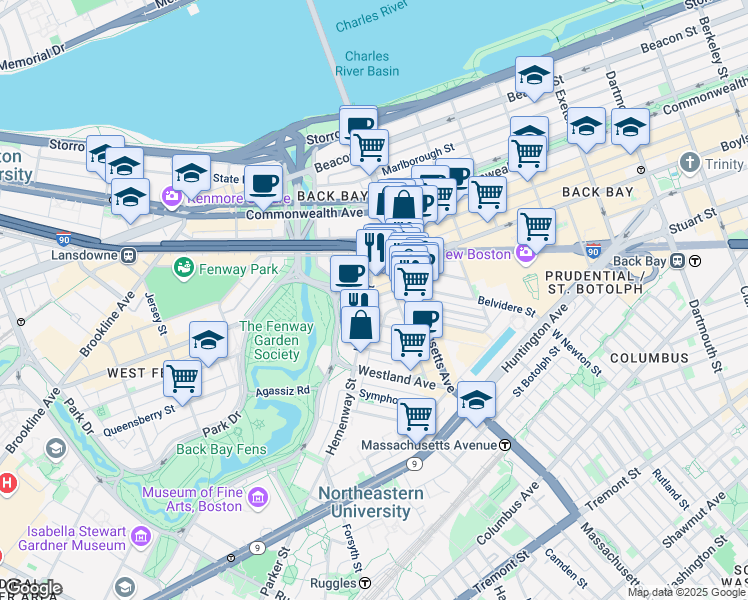 map of restaurants, bars, coffee shops, grocery stores, and more near in Boston