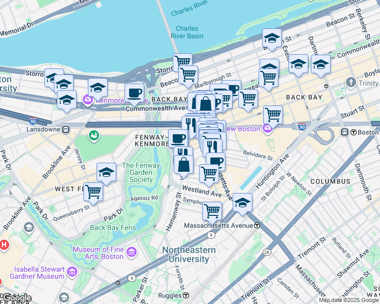 map of restaurants, bars, coffee shops, grocery stores, and more near in Boston