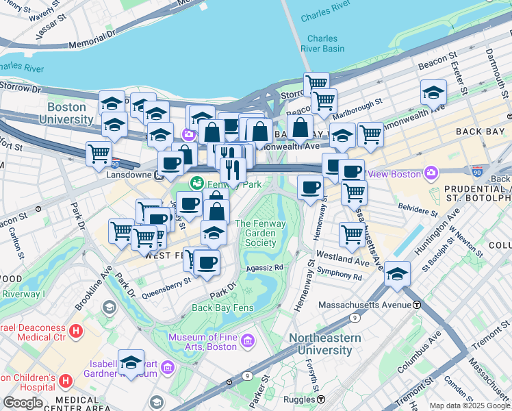 map of restaurants, bars, coffee shops, grocery stores, and more near 1179 Boylston Street in Boston