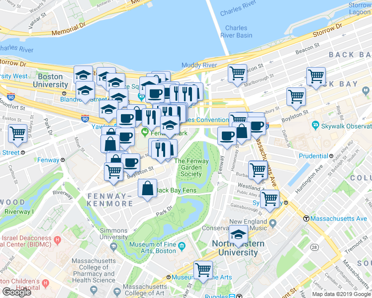 map of restaurants, bars, coffee shops, grocery stores, and more near 1179 Boylston Street in Boston