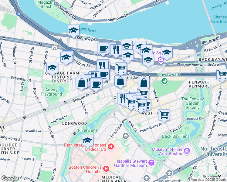 map of restaurants, bars, coffee shops, grocery stores, and more near 880 Beacon Street in Boston