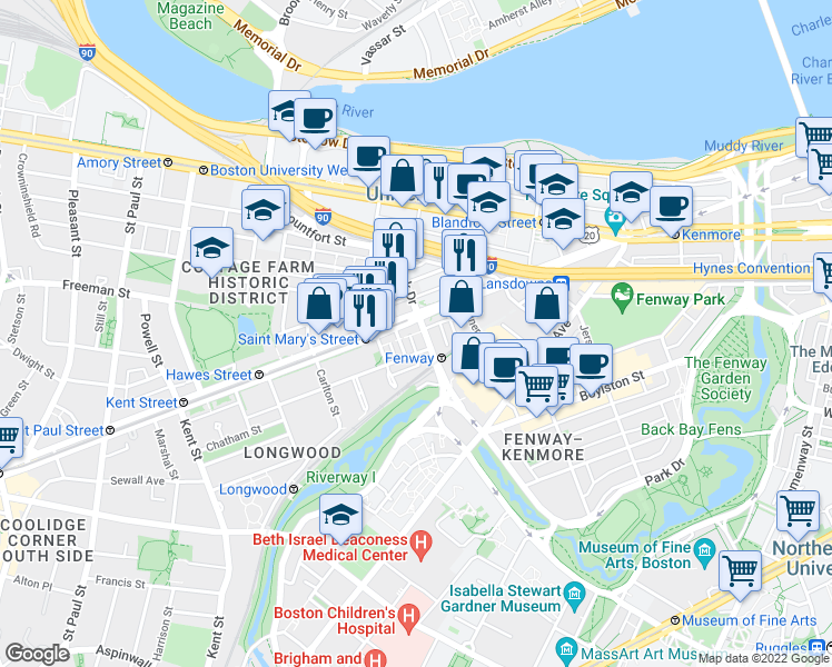 map of restaurants, bars, coffee shops, grocery stores, and more near 880 Beacon Street in Boston