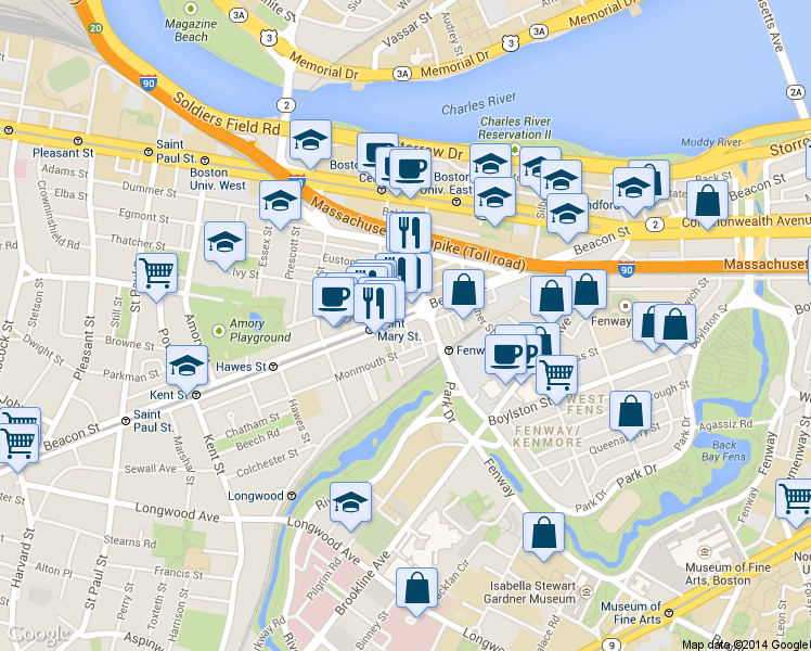 map of restaurants, bars, coffee shops, grocery stores, and more near 912 Beacon Street in Boston