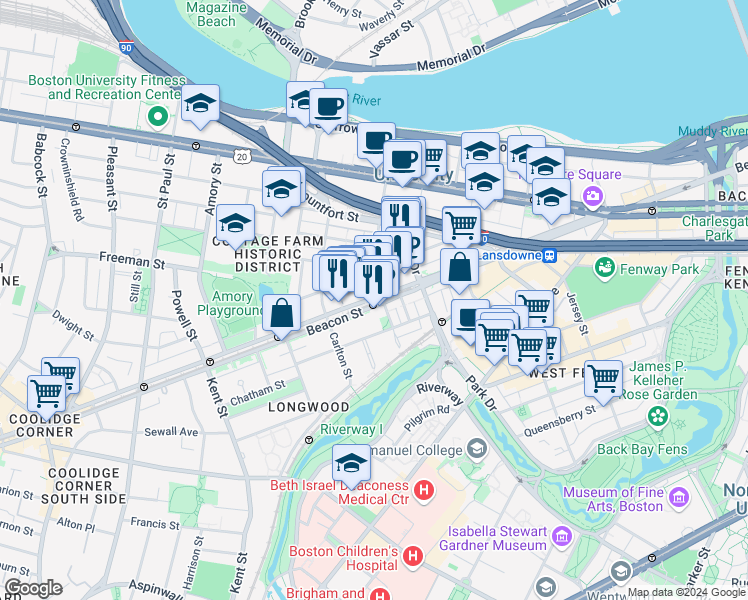 map of restaurants, bars, coffee shops, grocery stores, and more near 1009 A Beacon Street in Brookline