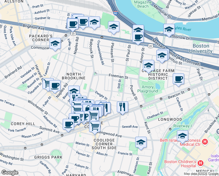 map of restaurants, bars, coffee shops, grocery stores, and more near 107 Browne Street in Brookline