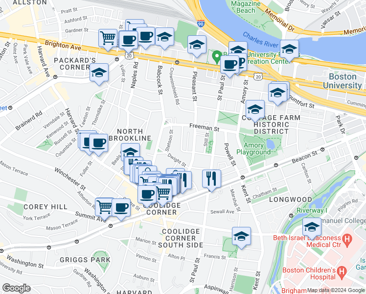 map of restaurants, bars, coffee shops, grocery stores, and more near 107 Browne Street in Brookline