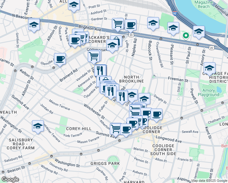 map of restaurants, bars, coffee shops, grocery stores, and more near 79 Coolidge Street in Brookline