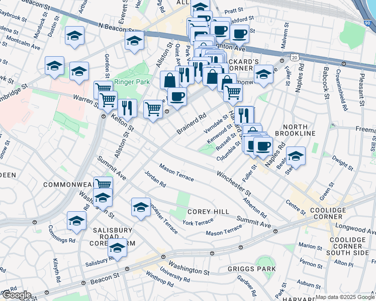 map of restaurants, bars, coffee shops, grocery stores, and more near 96 Verndale Street in Brookline