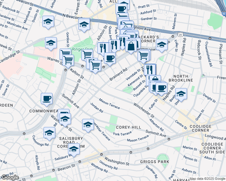 map of restaurants, bars, coffee shops, grocery stores, and more near 96 Verndale Street in Brookline