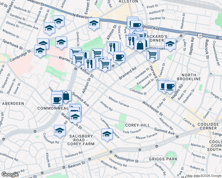 map of restaurants, bars, coffee shops, grocery stores, and more near 239 Kelton Street in Boston