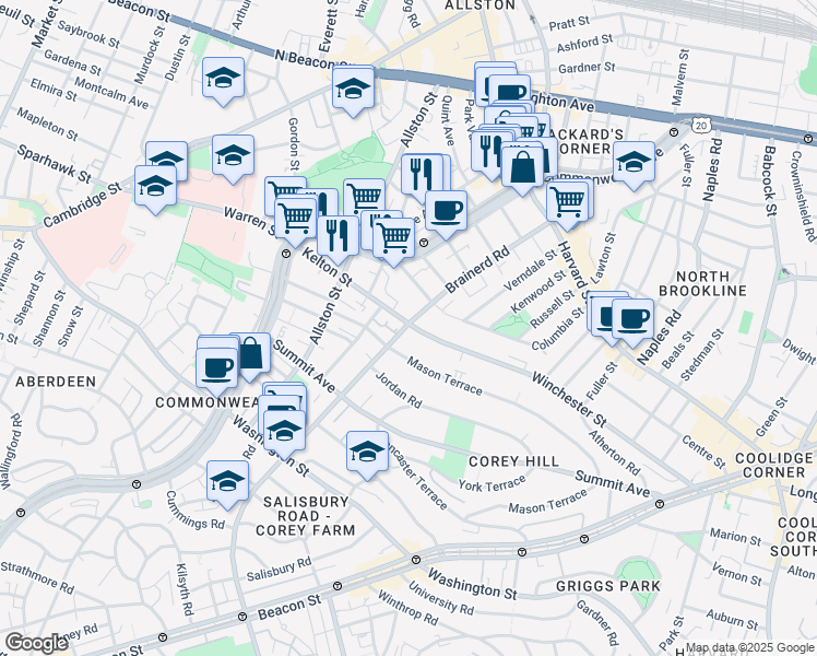 map of restaurants, bars, coffee shops, grocery stores, and more near 239 Kelton Street in Boston