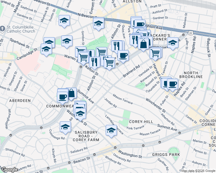 map of restaurants, bars, coffee shops, grocery stores, and more near 239 Kelton Street in Boston