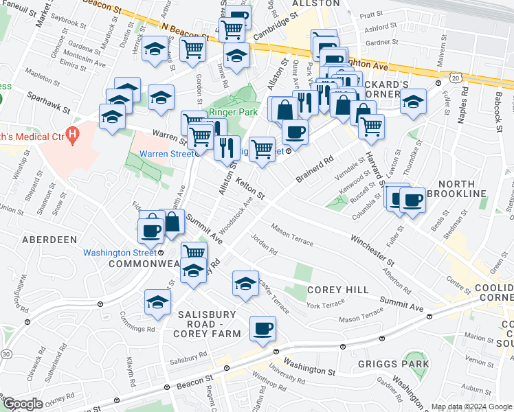map of restaurants, bars, coffee shops, grocery stores, and more near 239 Kelton Street in Boston