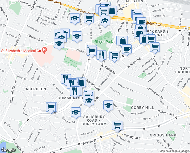map of restaurants, bars, coffee shops, grocery stores, and more near in Boston