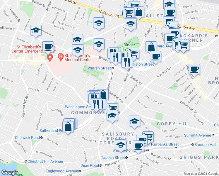 map of restaurants, bars, coffee shops, grocery stores, and more near 1486 Commonwealth Avenue in Boston