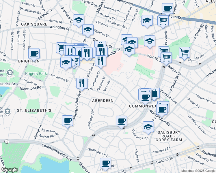 map of restaurants, bars, coffee shops, grocery stores, and more near 200 Washington Street in Boston