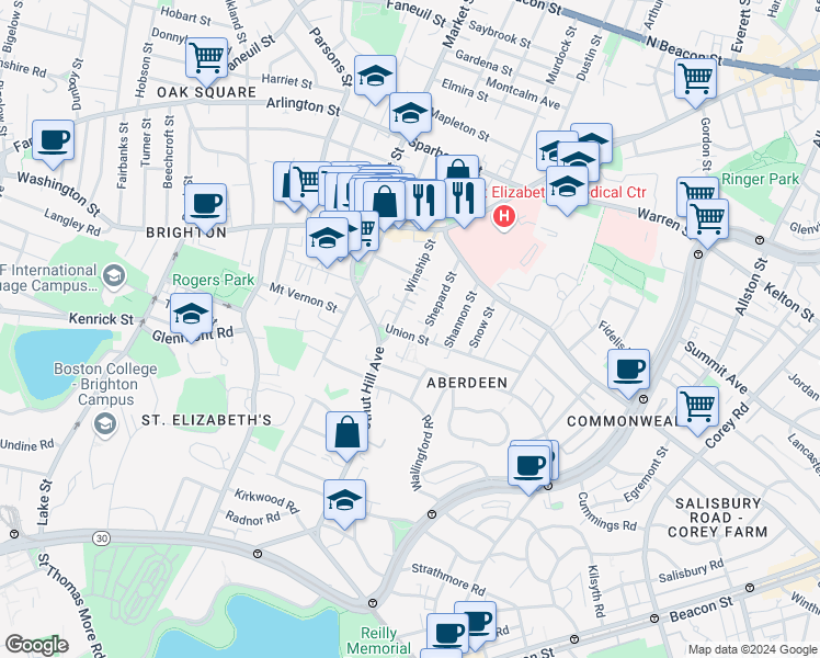 map of restaurants, bars, coffee shops, grocery stores, and more near 39 Shepard Street in Boston