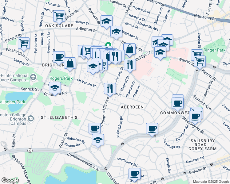 map of restaurants, bars, coffee shops, grocery stores, and more near 27 Eulita Terrace in Boston