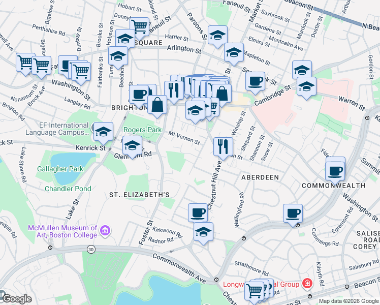 map of restaurants, bars, coffee shops, grocery stores, and more near 1 Delany Circle in Boston