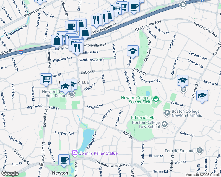 map of restaurants, bars, coffee shops, grocery stores, and more near 36 Frederick Street in Newton