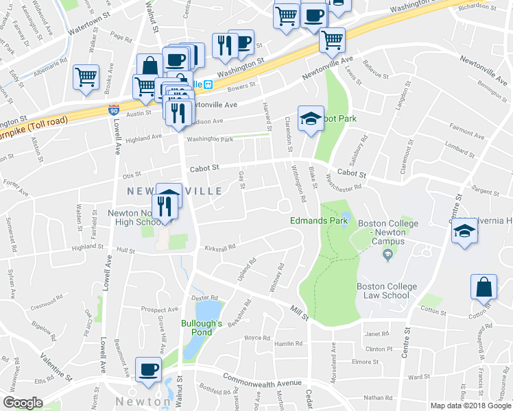 map of restaurants, bars, coffee shops, grocery stores, and more near 36 Frederick Street in Newton
