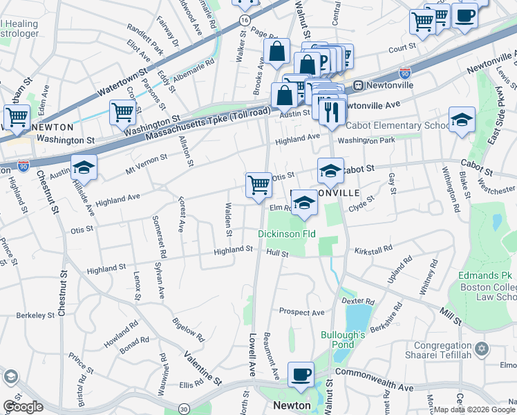 map of restaurants, bars, coffee shops, grocery stores, and more near 317 Lowell Avenue in Newton
