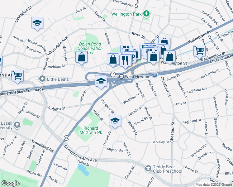 map of restaurants, bars, coffee shops, grocery stores, and more near 17 Shaw Street in Newton