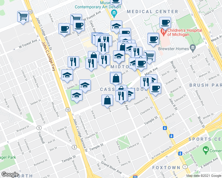 map of restaurants, bars, coffee shops, grocery stores, and more near 457 Brainard Street in Detroit