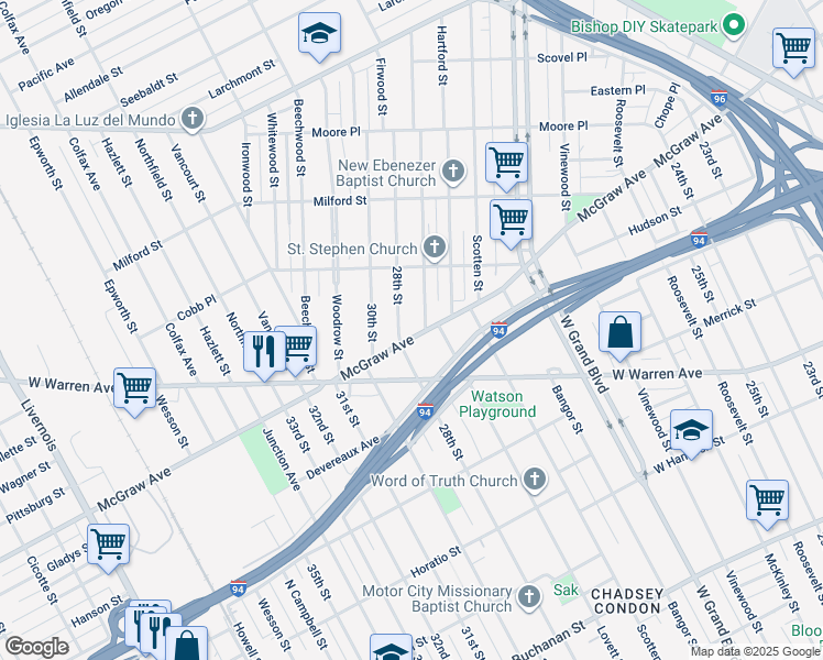 map of restaurants, bars, coffee shops, grocery stores, and more near 5650 28th Street in Detroit
