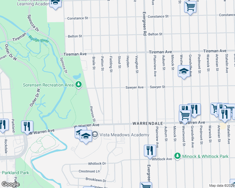 map of restaurants, bars, coffee shops, grocery stores, and more near 7441 Stout Street in Detroit