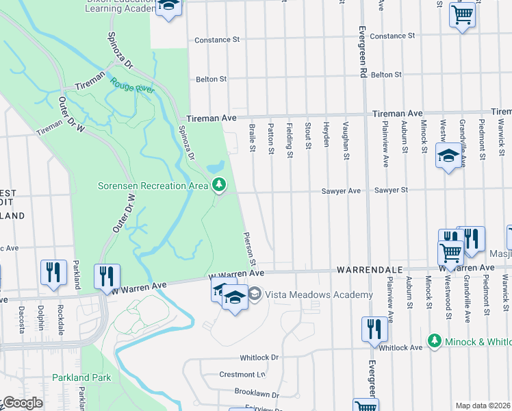 map of restaurants, bars, coffee shops, grocery stores, and more near 7459 Braile Street in Detroit