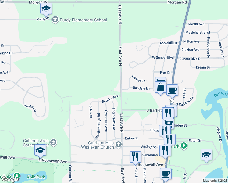 map of restaurants, bars, coffee shops, grocery stores, and more near 100 Woodgate Road in Battle Creek
