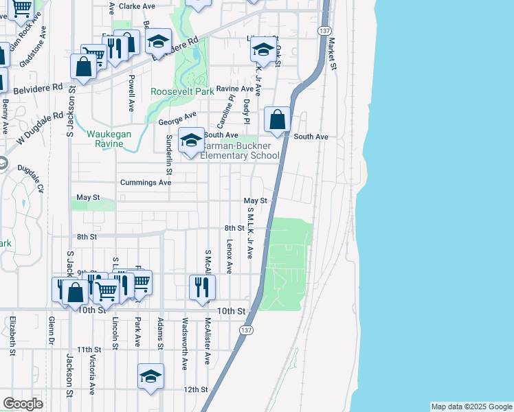map of restaurants, bars, coffee shops, grocery stores, and more near 682 South Martin Luther King Junior Avenue in Waukegan