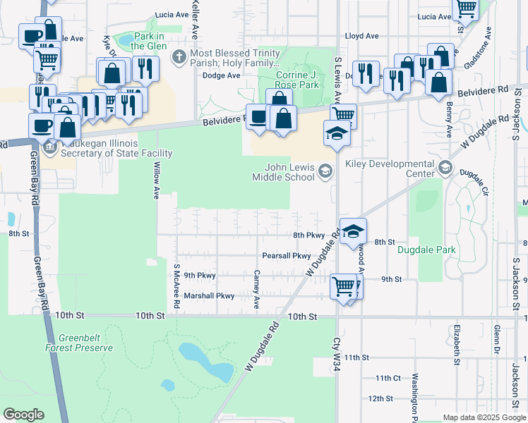 map of restaurants, bars, coffee shops, grocery stores, and more near 700 Carney Avenue in Waukegan