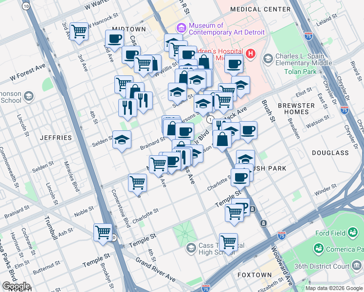 map of restaurants, bars, coffee shops, grocery stores, and more near 3566 Cass Avenue in Detroit