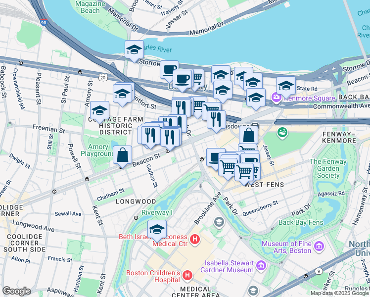 map of restaurants, bars, coffee shops, grocery stores, and more near 912 Beacon Street in Boston
