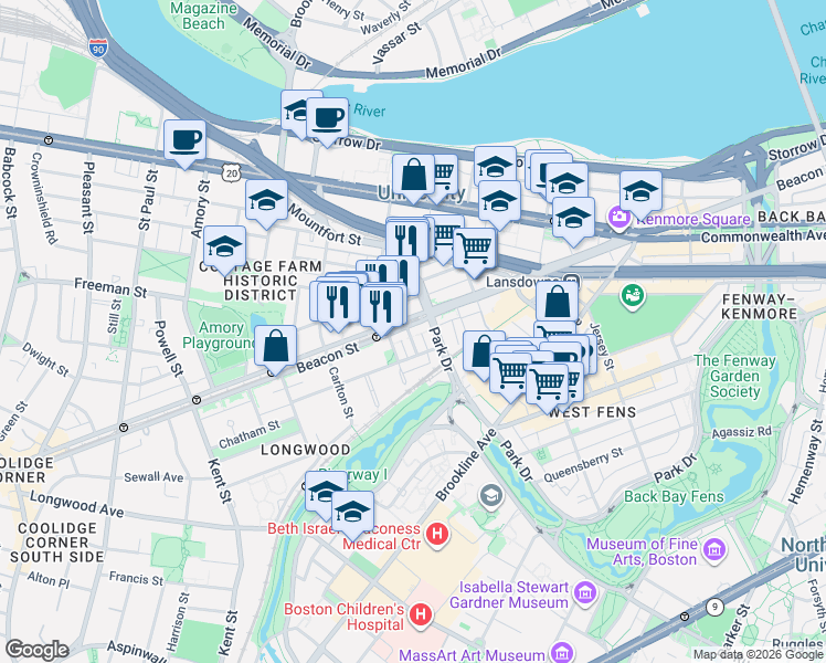 map of restaurants, bars, coffee shops, grocery stores, and more near 909 Beacon Street in Boston