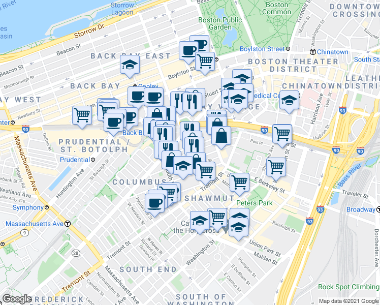 map of restaurants, bars, coffee shops, grocery stores, and more near Clarendon Street & Lawrence Street in Boston