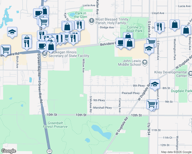 map of restaurants, bars, coffee shops, grocery stores, and more near 701 Keller Avenue in Waukegan