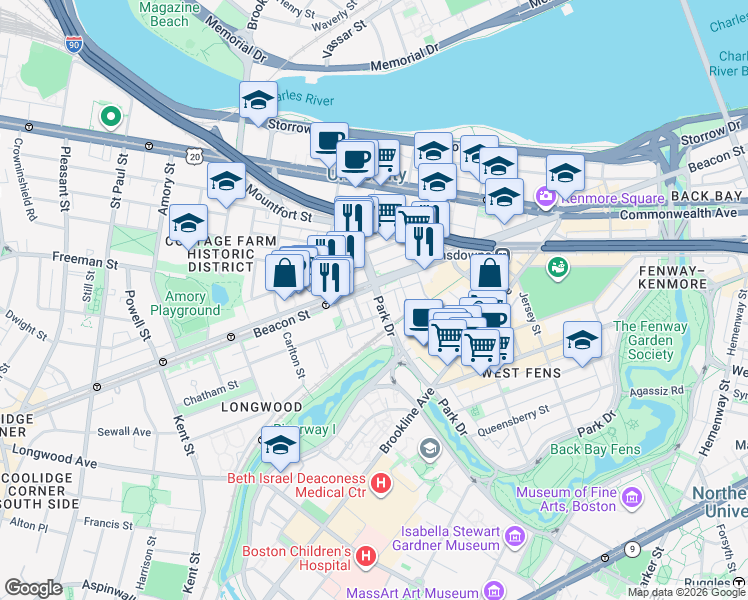 map of restaurants, bars, coffee shops, grocery stores, and more near 880 Beacon Street in Boston