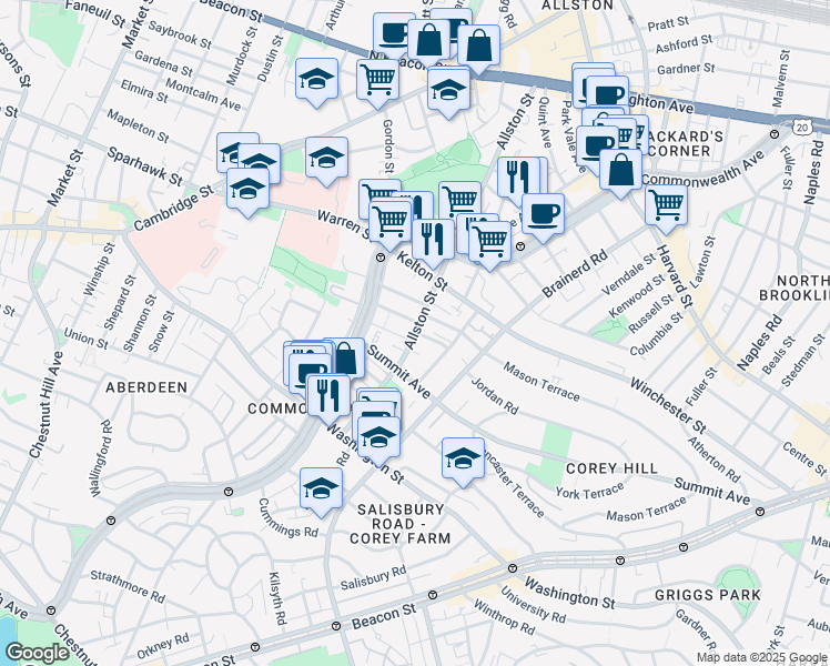 map of restaurants, bars, coffee shops, grocery stores, and more near Allston St & Vinal St in Boston