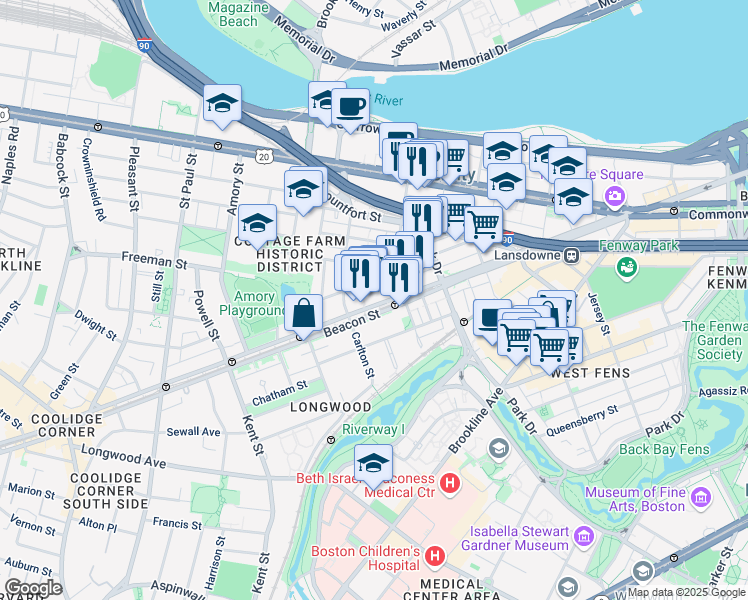 map of restaurants, bars, coffee shops, grocery stores, and more near 1009 A Beacon Street in Brookline