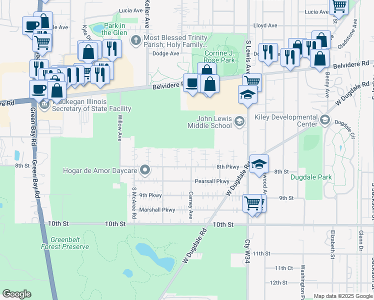 map of restaurants, bars, coffee shops, grocery stores, and more near 700 Carney Avenue in Waukegan