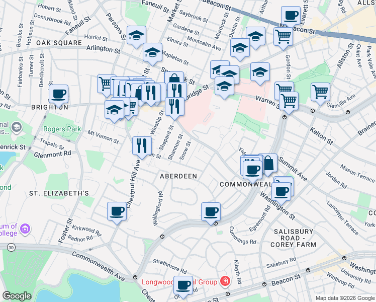 map of restaurants, bars, coffee shops, grocery stores, and more near 200 Washington Street in Boston