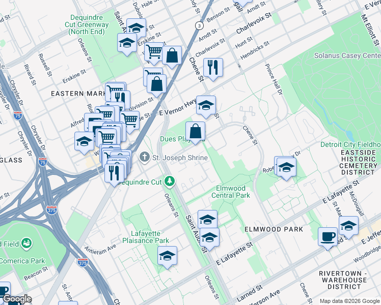 map of restaurants, bars, coffee shops, grocery stores, and more near 2220 Hyde Park Drive in Detroit