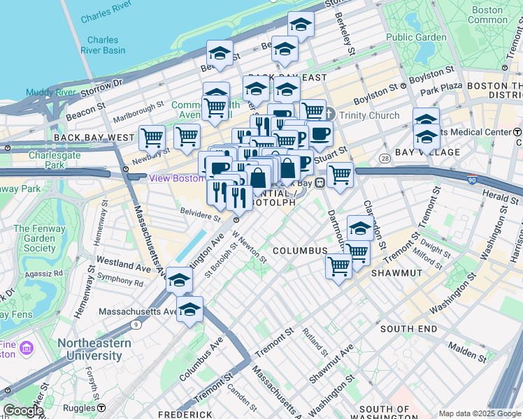 map of restaurants, bars, coffee shops, grocery stores, and more near 2 Harcourt Street in Boston